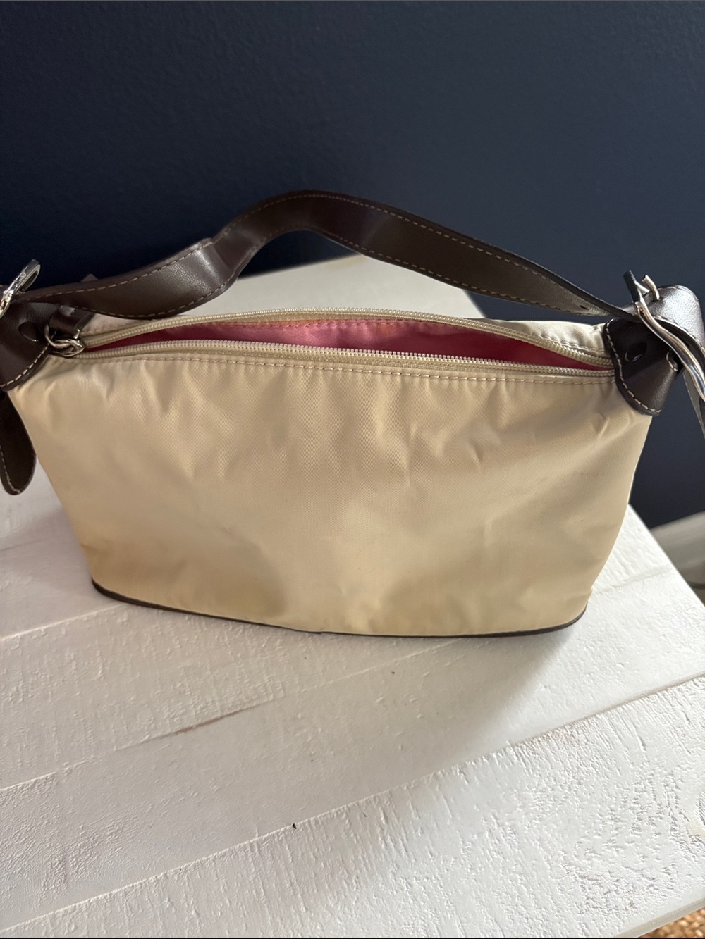Liz Claiborne Beige Shoulder Bag with Brown Trim and Pink Interior